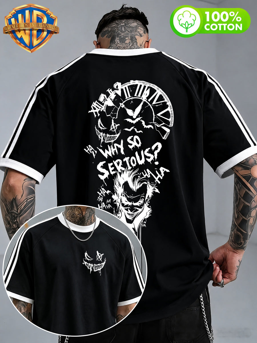 Warner Bros Official Everyday Versatile Striped Raglan T-Shirt, Vintage Sketch Layout with DC Joker English Slogan, Loose Short-Sleeve Top, Double-Sided Front and Back Print, Men's 100% Pure Cotton Versatile Sporty Casual Style Summer Short-Sleeve - Black