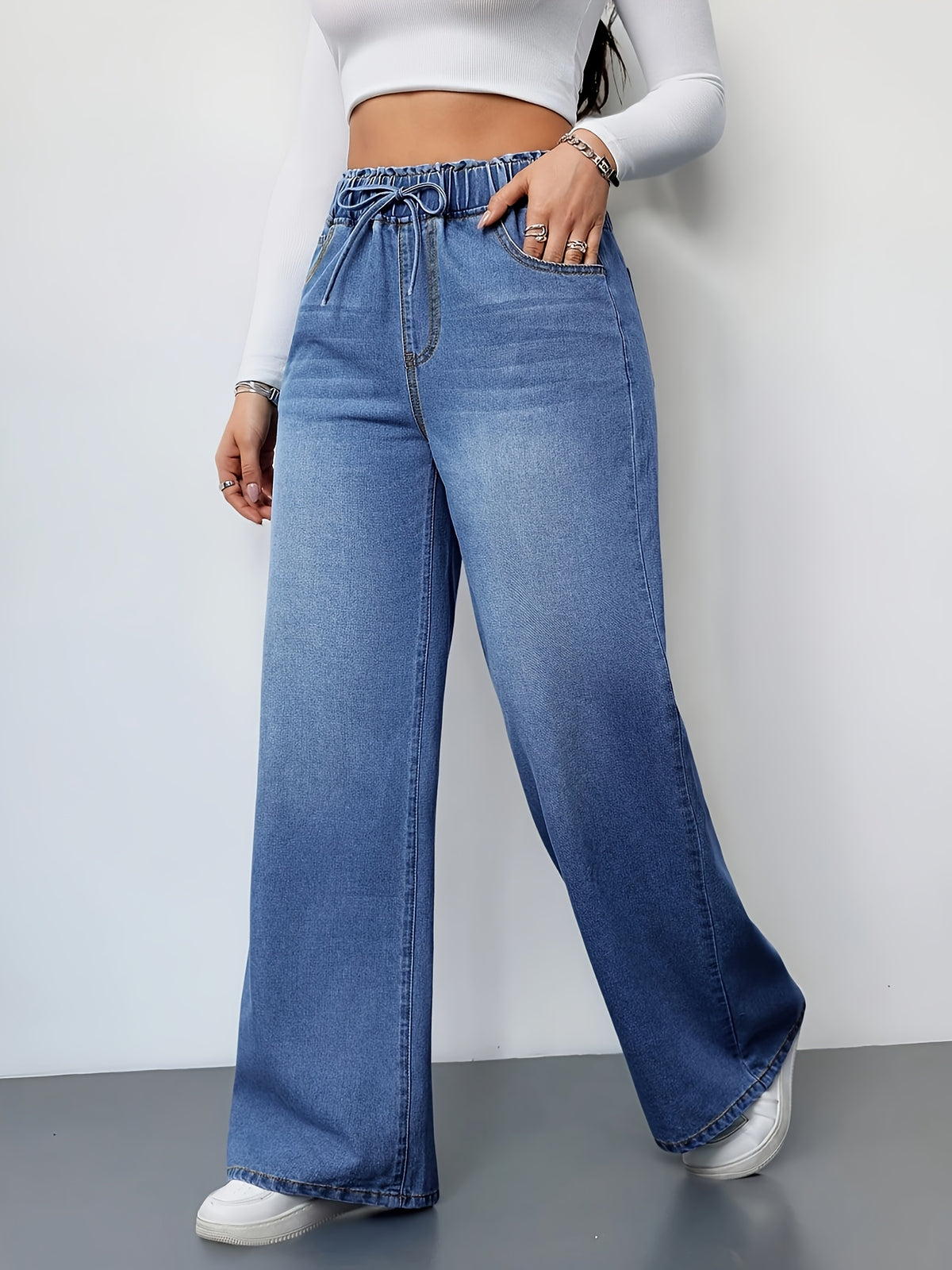 Drawstring Waist Wide Leg Jeans | High Waist, Non-Stretch Fabric, Solid Color, Long Length, Casual Style For Weekend Casual - Vibrant Blue