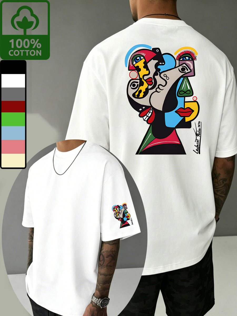 Summer High-Quality Fine Stitching Pure Cotton Casual Three-Dimensional Color-Block Picasso-Style Abstract Face Illustration Short-Sleeve Simple Streetwear Brand Printed Fashion Sporty Trendy Versatile Half-Sleeve Breathable T-Shirt Comfortable Home - White