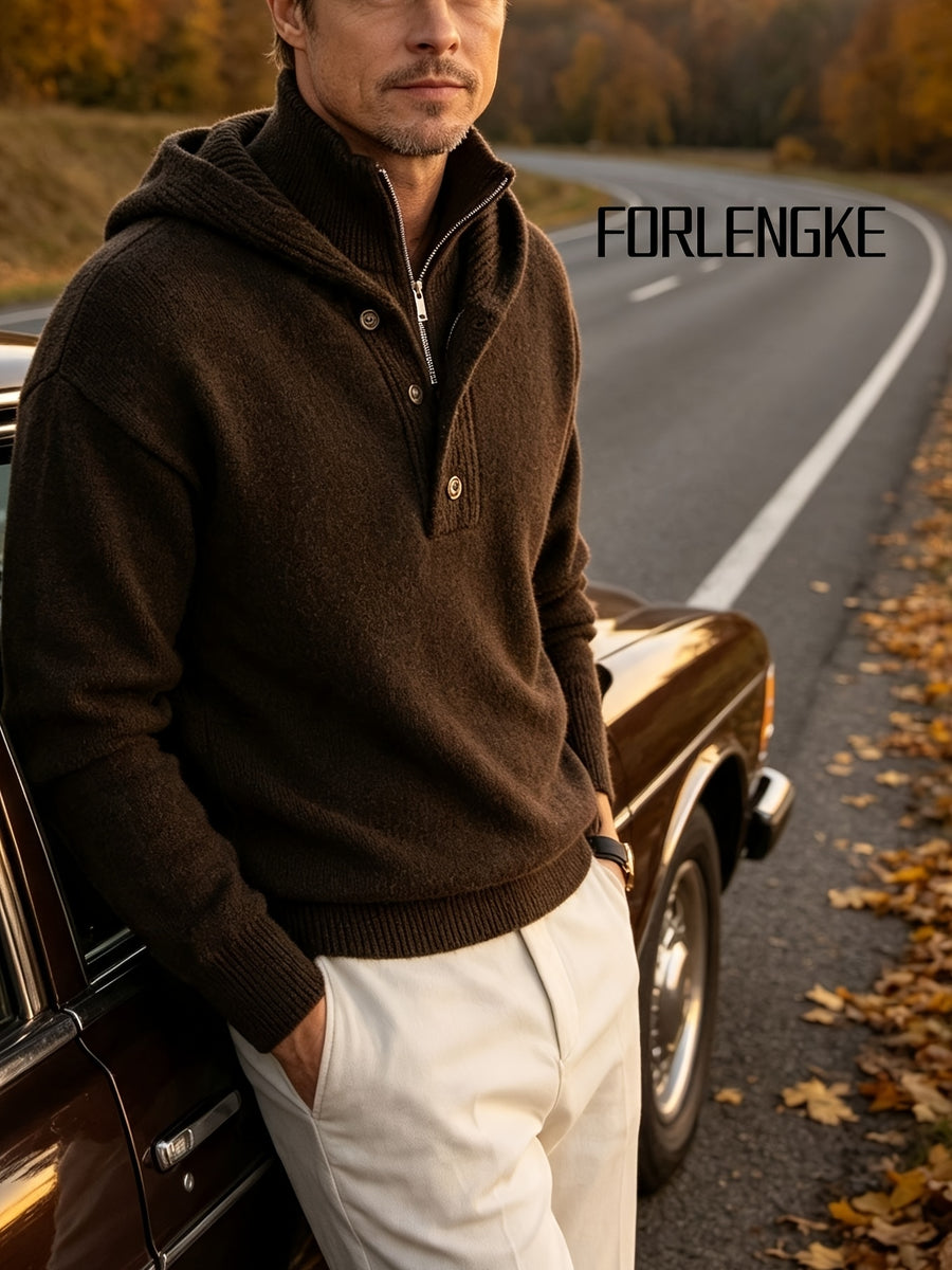 FORLENGKE Men'S Intercity Lightweight Travel Wind Hooded Double Placket Knit Top, Zipper Button-Up Dual Adjustable Style Flexible, Autumn Winter Short Distance Travel Self-Driving Roaming Golf Sports Outdoor Camping Casual Outerwear Top - Coffee Color