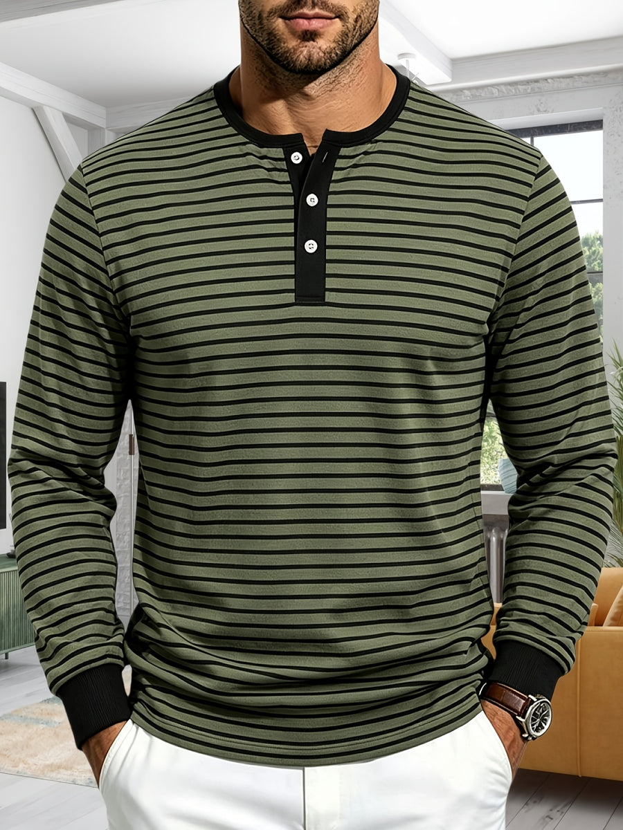 Men'S Spring Autumn Casual Loose Easy Striped Outdoor Commuter Long Sleeve Henley Shirt - Military Green