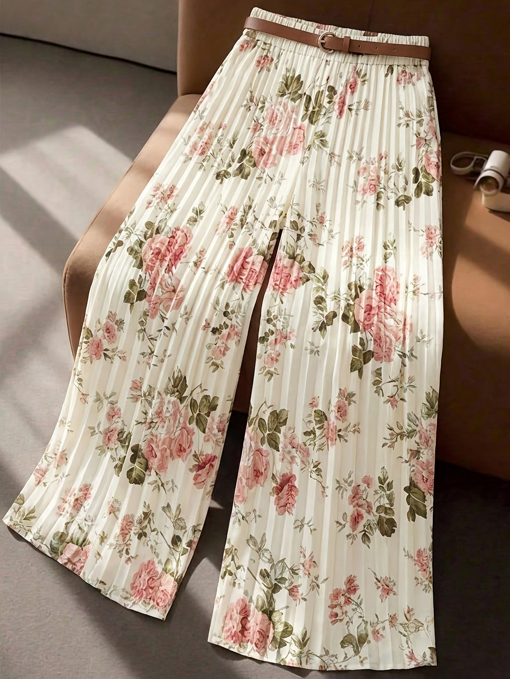 Women'S Summer Floral Print Fabric Design Pleated Loose High-End Elegant High-Rhythm Trousers, Suitable for Office, Formal Occasions, Teacher Uniforms, Back To, Travel, Beach, Street Photography, Summer Clothing, Summer Pants, Summer New Products - Mixed colors