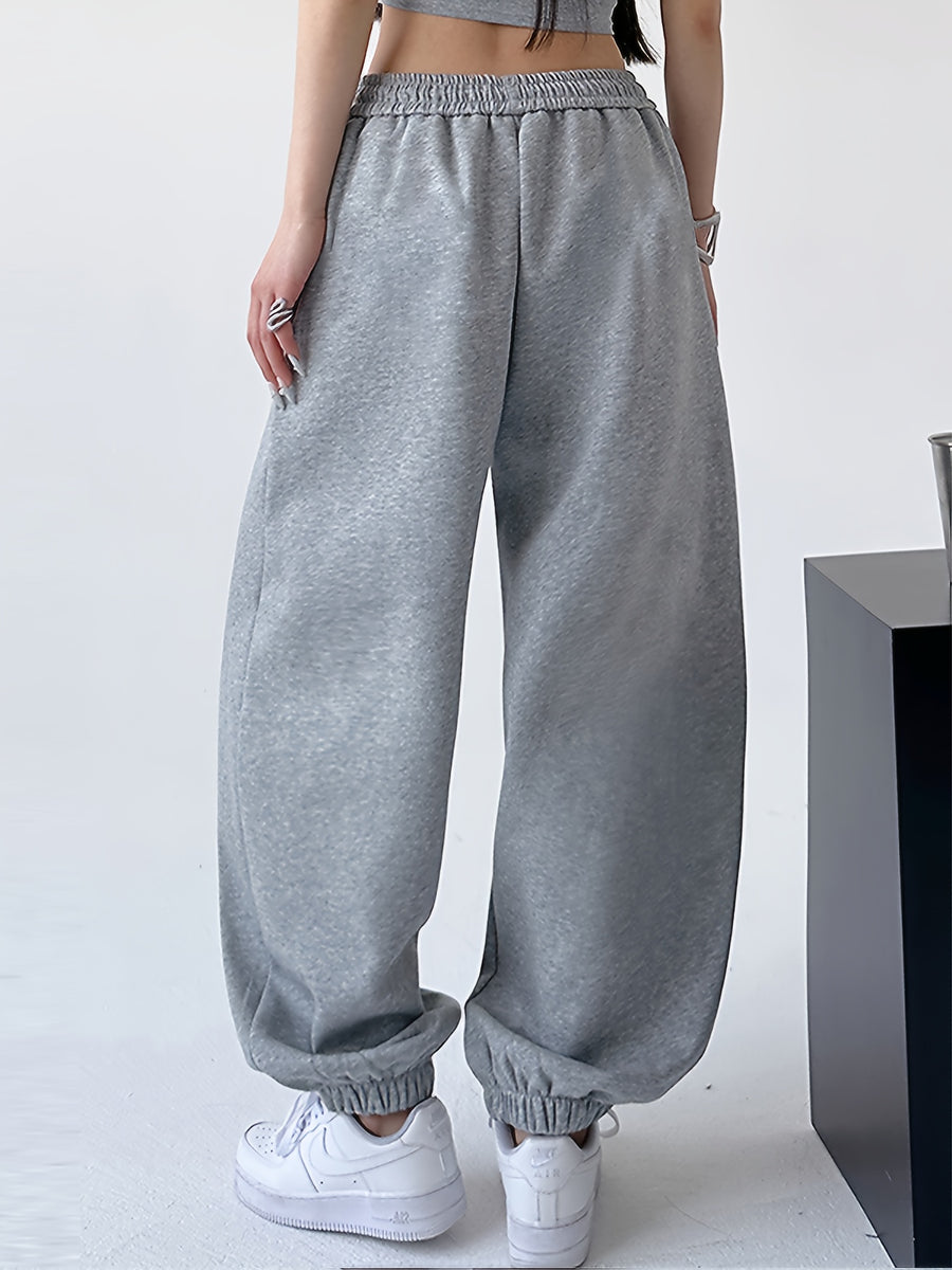 Solid Color Loose Ankle-Cinching Casual Trousers with Fake Pocket Flap - Grey
