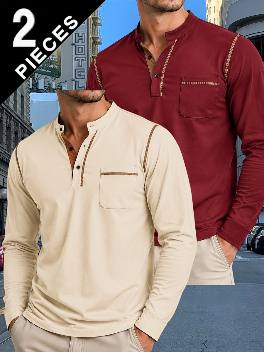 2pcs Men'S Autumn Winter Stand-Collar Long Sleeve Henley Shirts, Contrast Color Pinstripe Polo Shirts with Pockets, Soft And Breathable Sweat-Absorbing, Business Casual Basic Long Sleeve Top, Skin-Friendly Soft Fabric Comfortable, Sweat-Resistant - Khaki+Wine Red