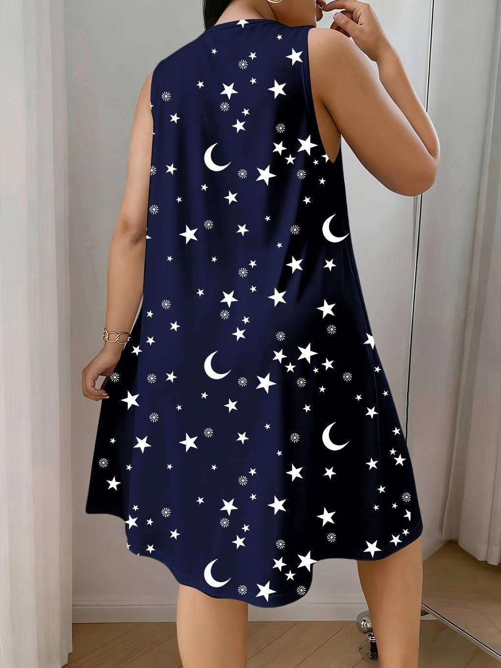 Women'S Plus Size Sleeveless Vest Dress with Star And Moon All-Over Print, Spring Summer Style, Very Comfortable Home Wear - Navy Color