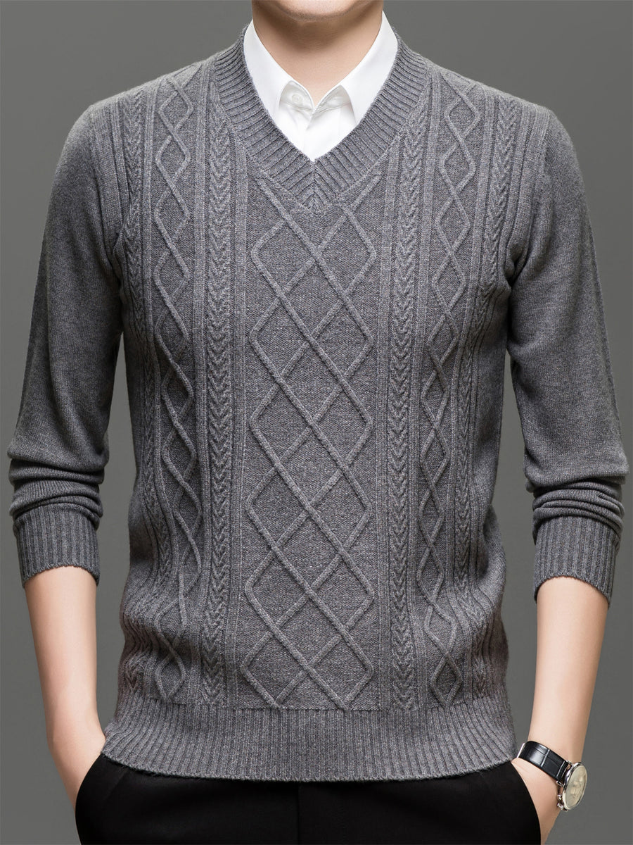 Men's Solid Color V-Neck Sweater - Basic Knit Pullover Sweater Suitable for Fall/Winter, Warm Casual Long-Sleeve Knitwear, Hand Washable V-Neck Sweater for Office & Casual Attire, All Sizes S - 【Light Grey】