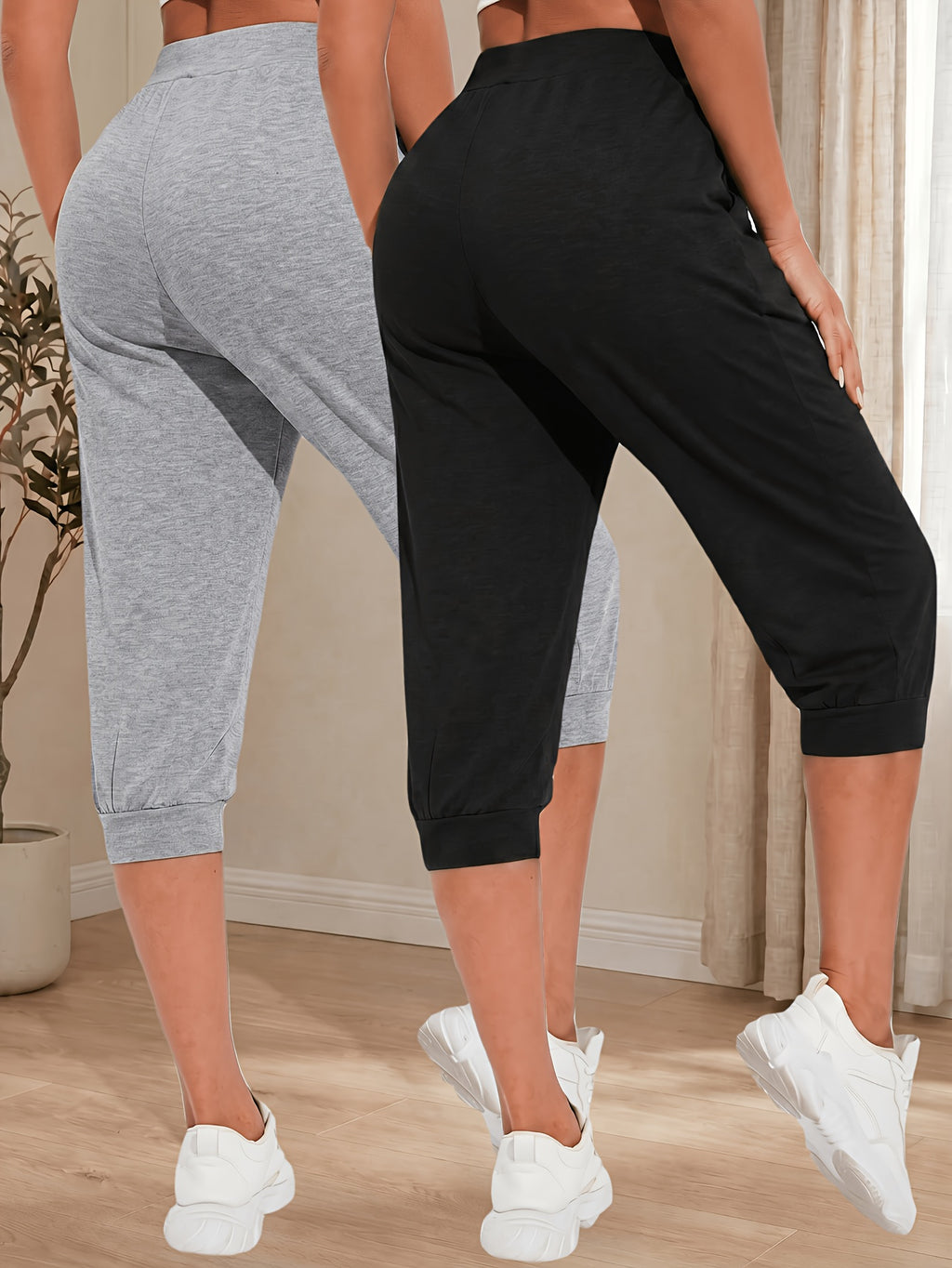 Women's Two-Pack Cropped Solid Color Jogger Sweatpants, High-Waisted Loose Fit with Drawstring Cuffs and Pockets, Casual Trousers - Black+Light Grey