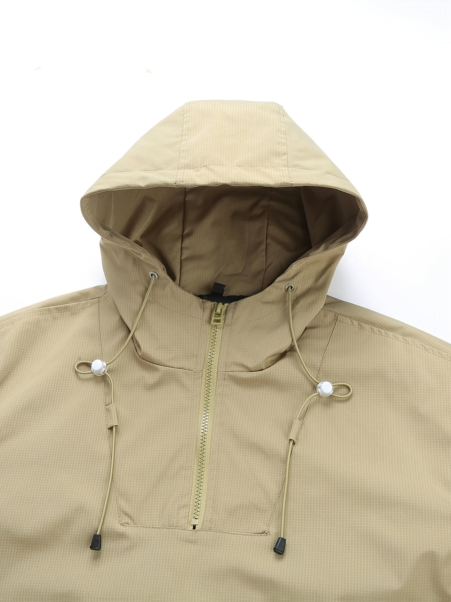 Men's Autumn/Winter Outdoor Fashion Jacket, Solid Color Half-Zip Hooded Softshell Windbreaker, Tear-Resistant Fabric, Suitable for Camping, Hunting, Cycling, Mountaineering, and Workwear, Also for Office Daily Commuting - Khaki