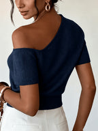 Women'S New Spring Summer Off-Shoulder Short Sleeve Basic Solid Color Casual Elegant Women'S Top - Navy blue color