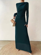 Autumn Winter New European Middle Eastern Casual All-Match Fashion Dress Round Neck Long Sleeve Elegant Temperament Suitable for Parties Gatherings - Dark Green
