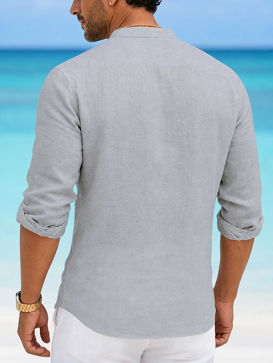 Men's 100% Pure Cotton Casual Stand Collar Long Sleeve Shirt, 5pcs. Breathable Long-sleeve Shirts for Men, a Great Choice for Daily Commutes, Outings, and Seaside Vacations. A Wonderful Gift for a Boyfriend or Husband. - White + Gray + Orange-Red + Green + Pink