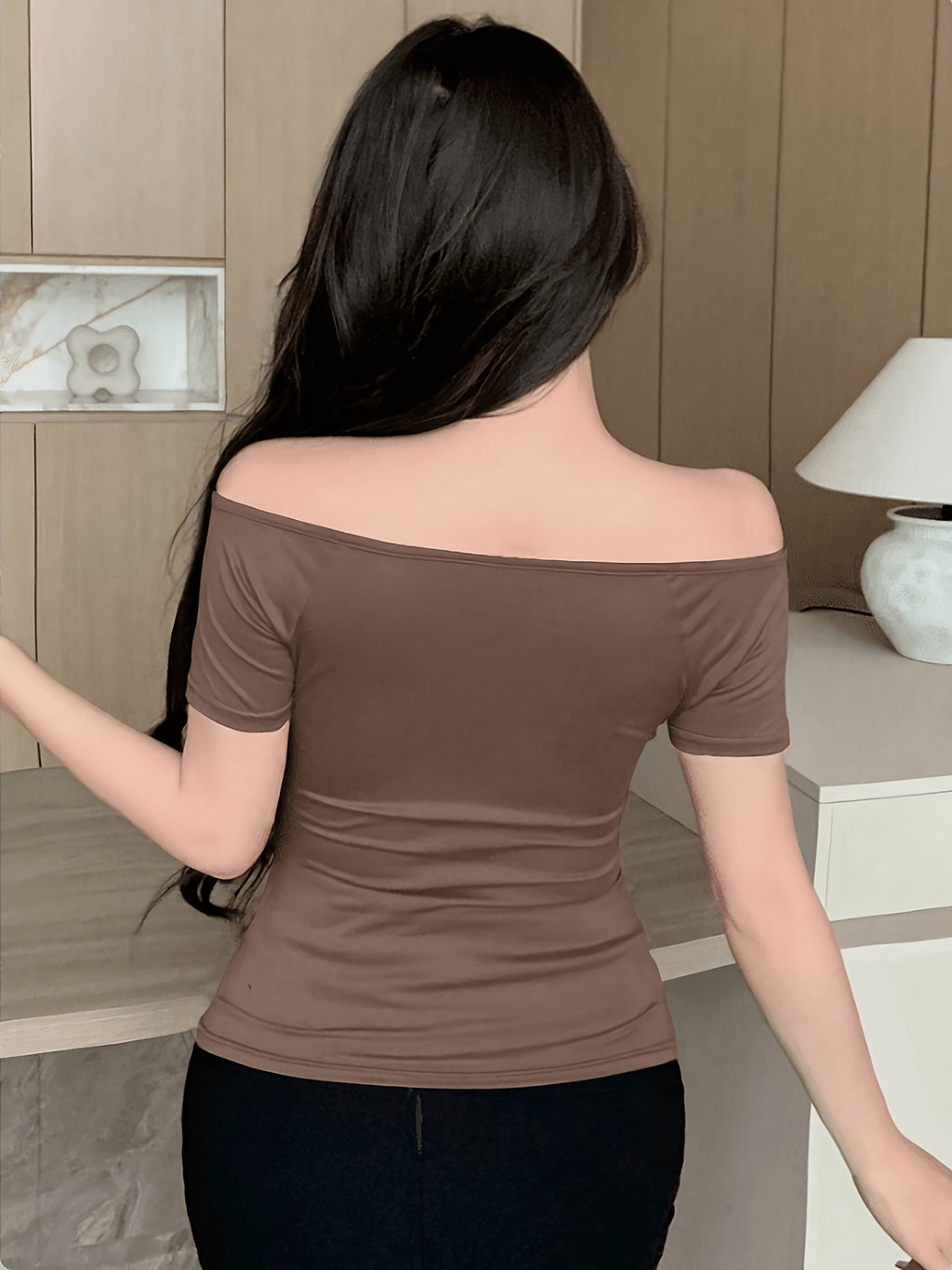 Front Deep V-crisscross Wrap, Back Off-the-shoulder Sleeveless Fitted Short-sleeve T-shirt - Coffee Brown