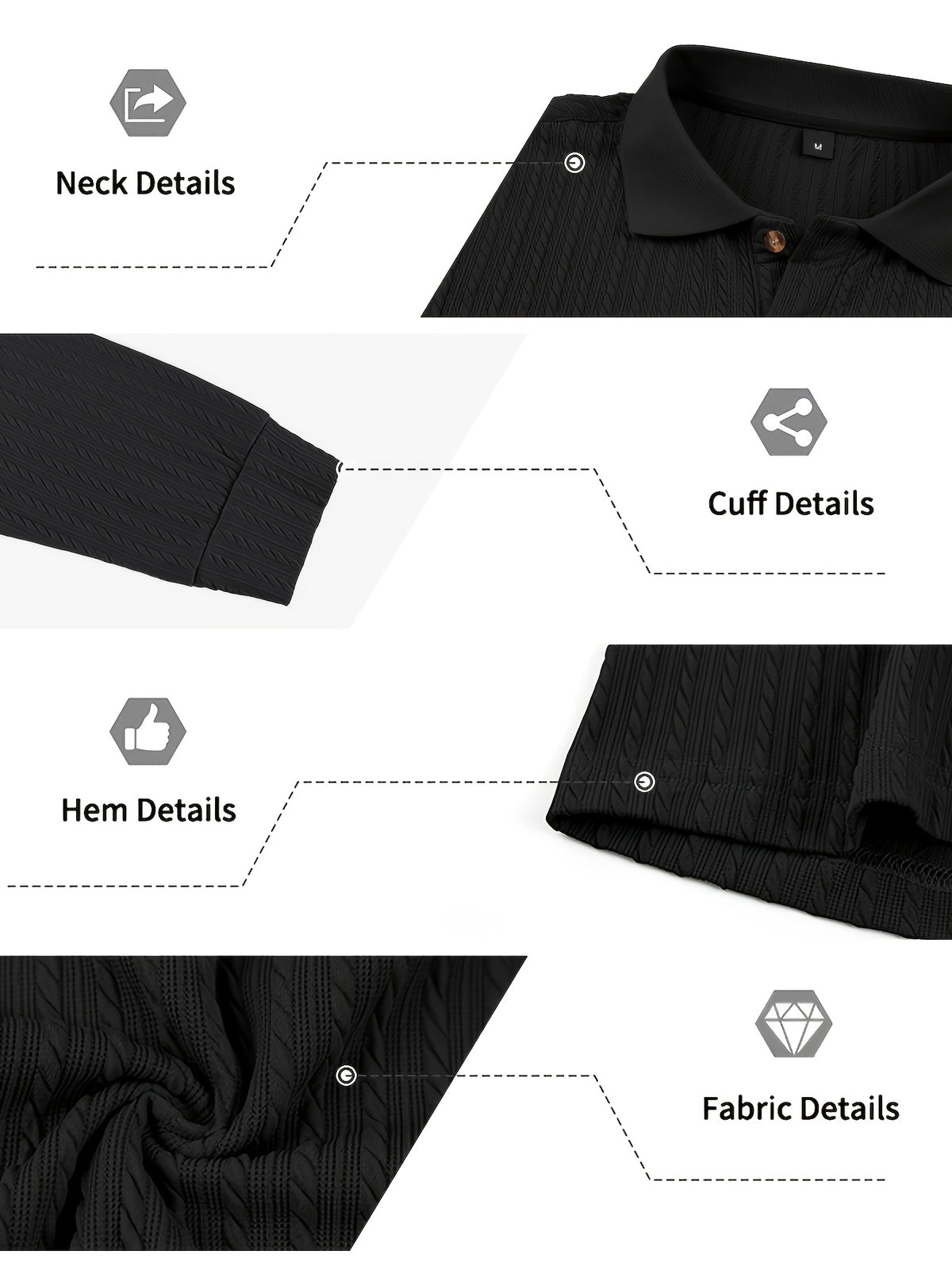 Autumn/Winter New Arrival: 1pc Men's Twisted Cable Vertical Stripe Knit Long-Sleeve Polo Shirt, Three-Dimensional Jacquard Texture, Classic Lapel, Vintage Brown Wood Grain Three-Button, Stretchy Soft Knitted Fabric, Solid Color Minimalist Top - Black