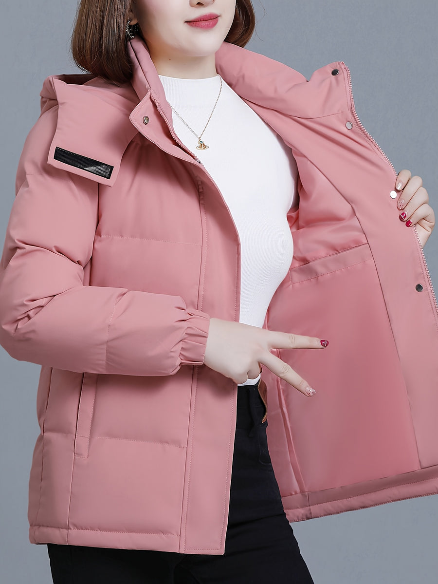 QMGA Women's Thickened Jacket Hooded Outdoor Coat with Detachable Hood & Large Pockets - Anti-Pilling Suitable for Camping,, Commuting, Winter Warm Outerwear, Zipper Closure, Elastic Cuffs, Straight Cut Jacket - Pink Color