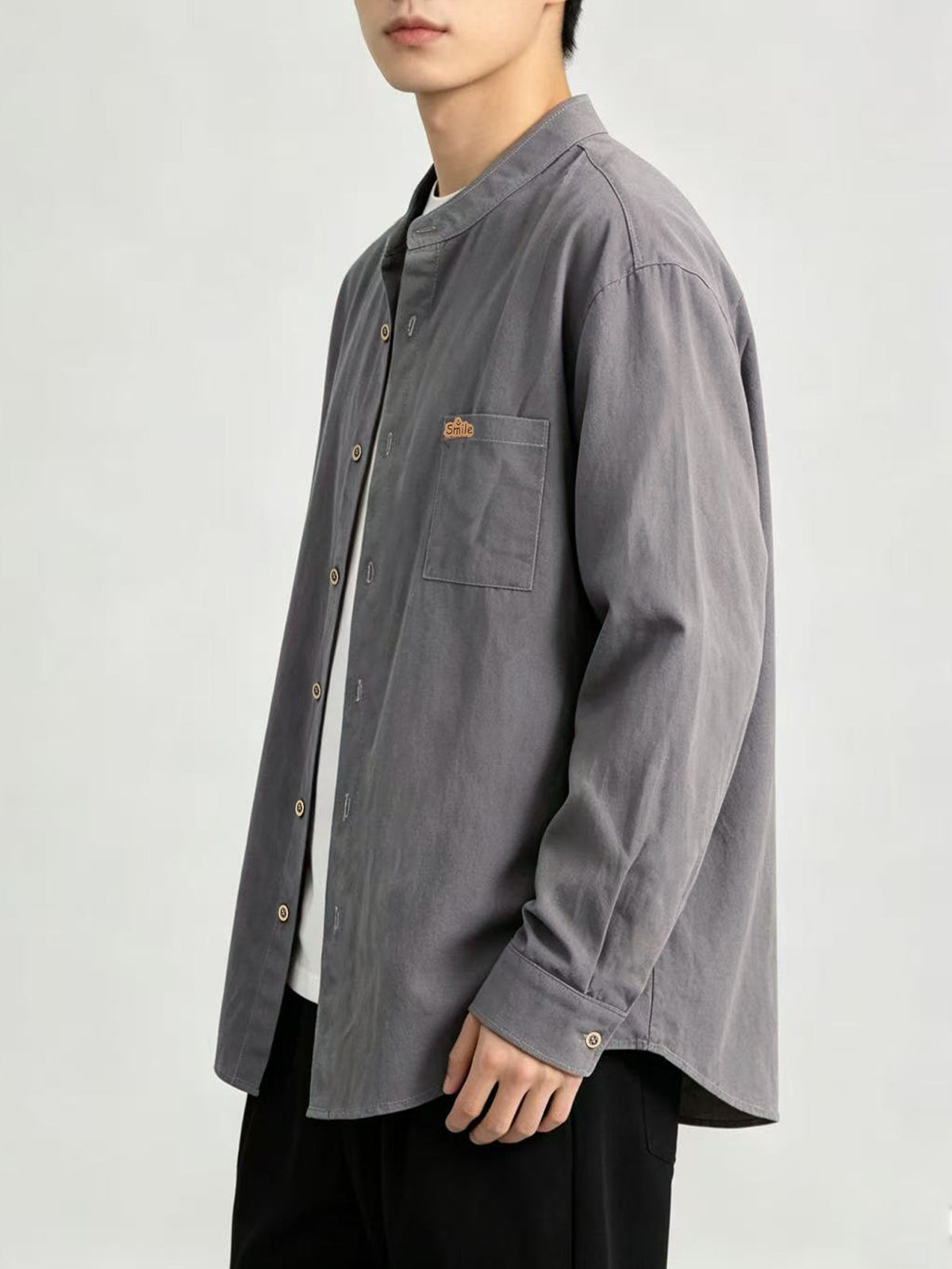 Spring/Autumn Thin Fashion Trendy Men'S New Chinese Old Money Style Niche Design Sense Patchwork Pattern Stand Collar Long Sleeve Shirt - Grey