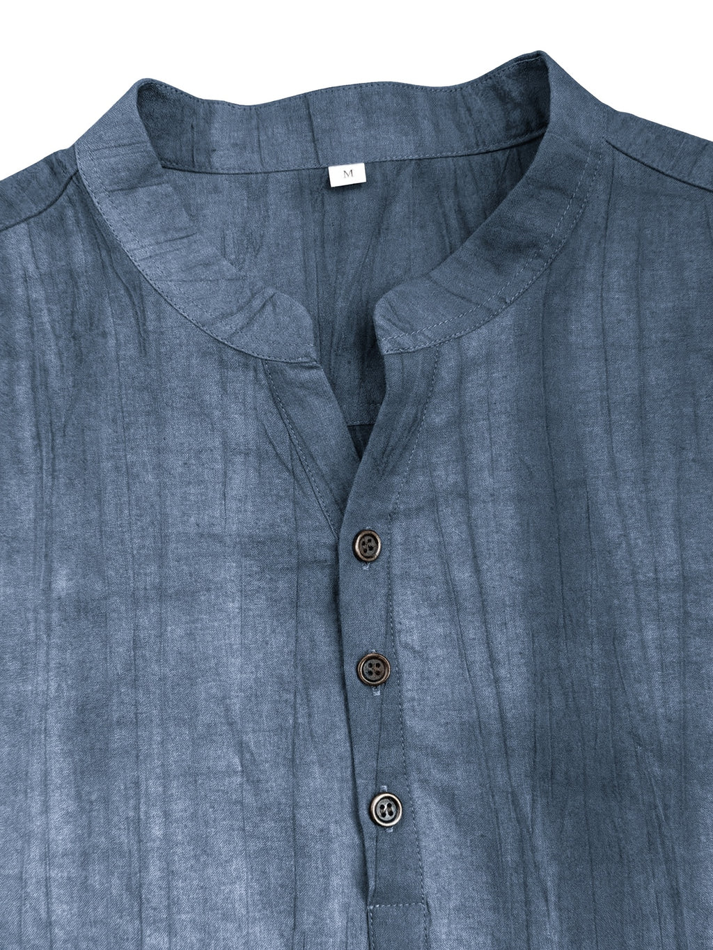 Men'S Summer Casual Henley Shirt, Preppy Style Thin Stand-Up Collar Short Sleeve T-Shirt, Retro Crinkle Ramie Pullover Men'S Top - Blue