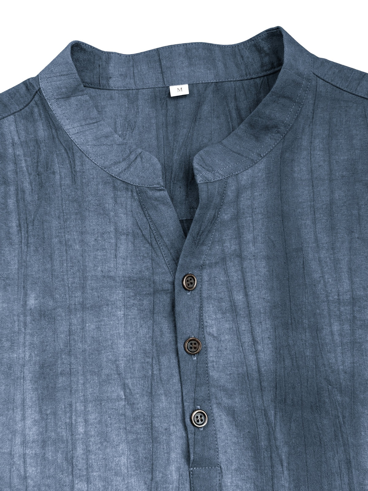 Men'S Summer Casual Henley Shirt, Preppy Style Thin Stand-Up Collar Short Sleeve T-Shirt, Retro Crinkle Ramie Pullover Men'S Top - Blue