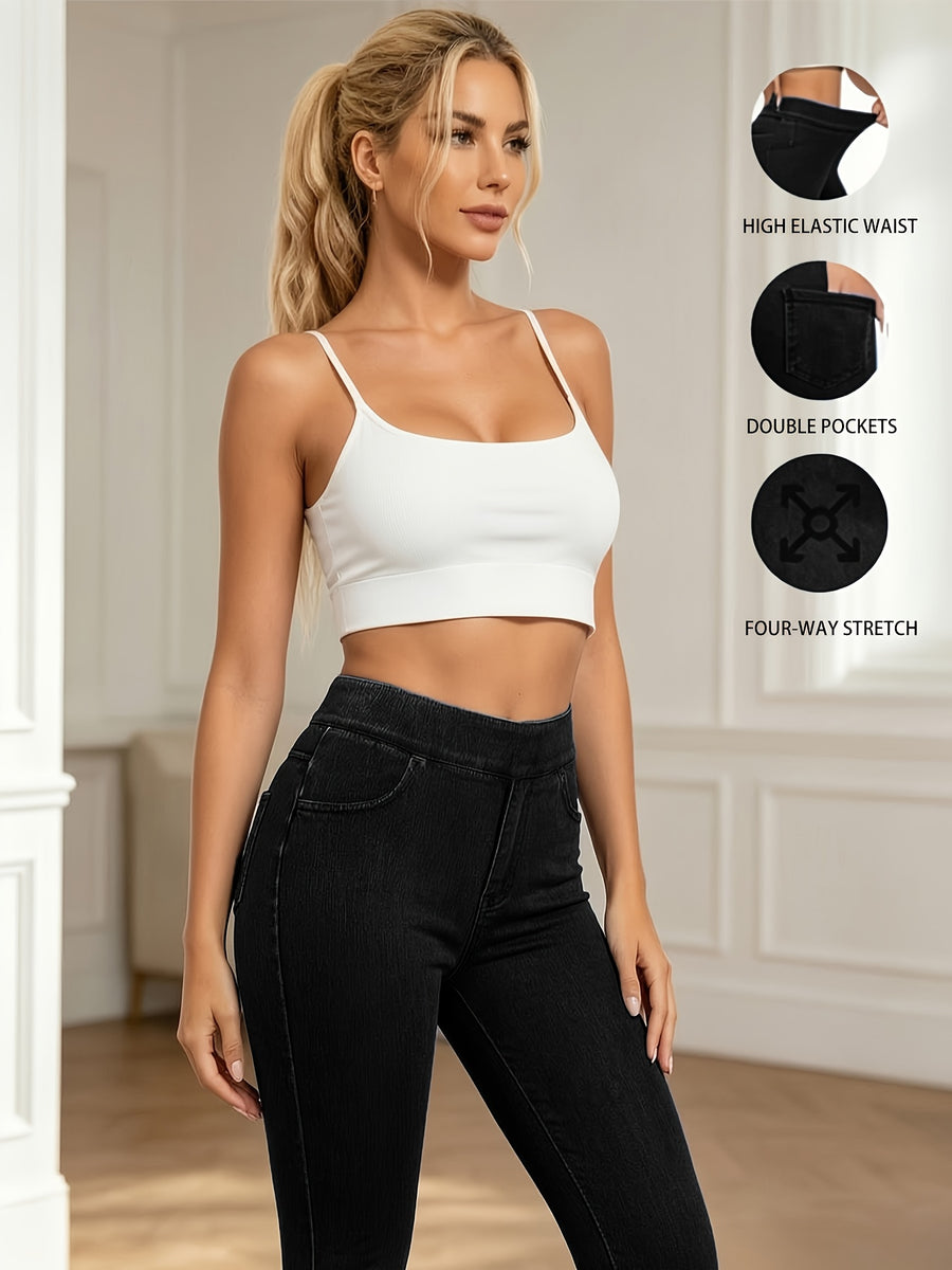 Women's Fashionable High-Waist Casual Outing Jeans, High-Stretch 300g Twill Fabric, Outer Pocket Washed Denim Leggings, Versatile and Elegant Slim-Fit Jeans for Daily Commuting - Black