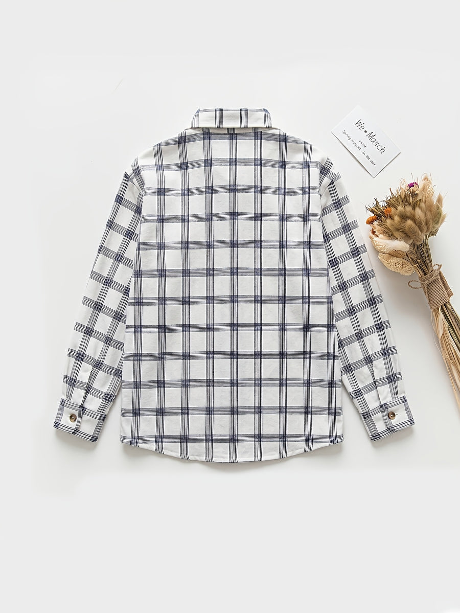 Women'S Casual Plaid Print Long-Sleeve Button-Up Shirt with Pockets - White