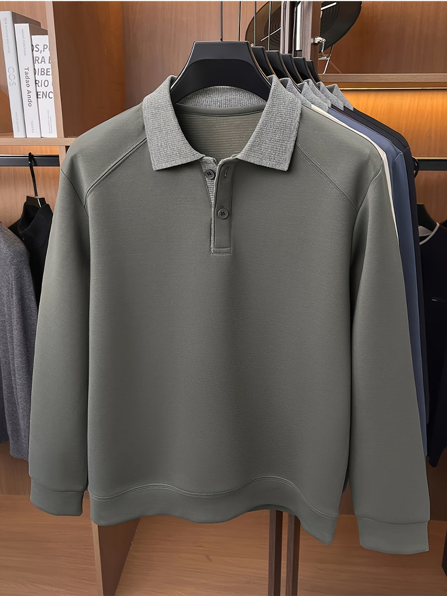 Autumn Contrast Collar Long Sleeve Polo Shirt, Men'S Drop Shoulder Knit Pullover, Spring Autumn Business Casual Base Layer Top, Loose Patchwork Collar T-Shirt, Casual Fishing Top - Dark Gray