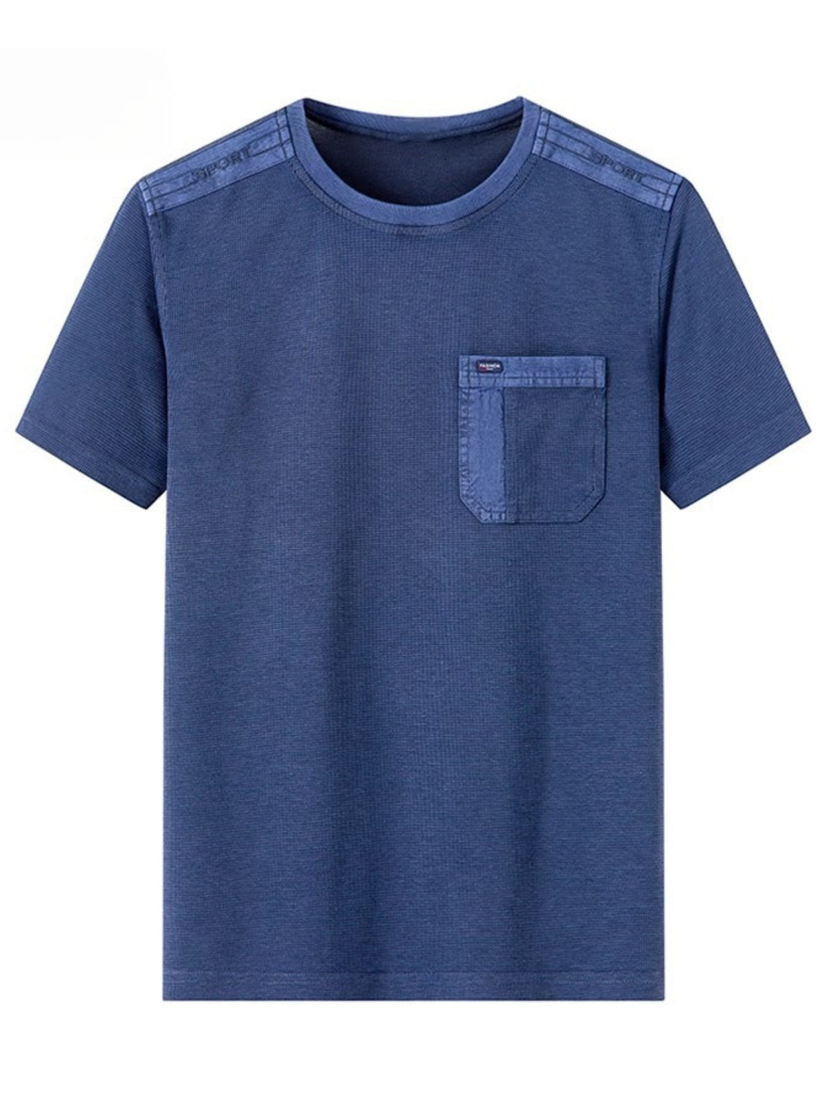 Men's Round Neck Short Sleeve with Shoulder Embroidery, Practical Chest Pocket in Waffle Breathable Fabric and Washed Distressed Finish - Navy Color