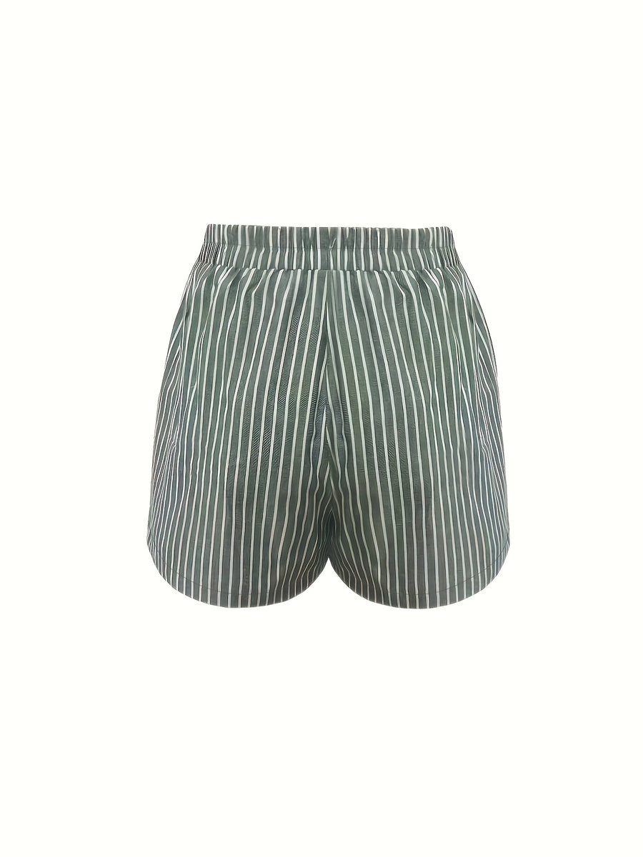 Western Style Women'S Striped Casual Shorts, Summer Loose Wide-Leg Home Pants, Wearable Outside - Dark Green
