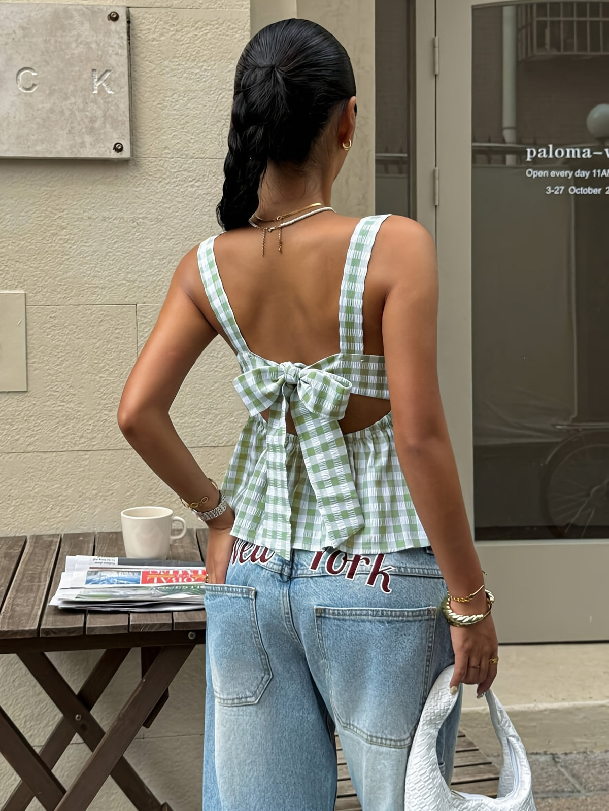 Women's Summer New Plaid Print Ruffle Tie-Back Tank Top - Green