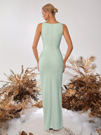 Straight Neck Side Slit Slim Fit Prom Party Cocktail Reception Formal Ladies Dinner Dress - White Green