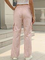 Women's Casual Cargo Pants with Multiple Pockets & Adjustable Drawstring Waist - Solid Color Long Length Non-Stretch Fabric for Casual Attire, All-Season Comfort, Leisure Outing Trousers, Fashion Cargo Pants, Nontransparent Fabric - Pink Color