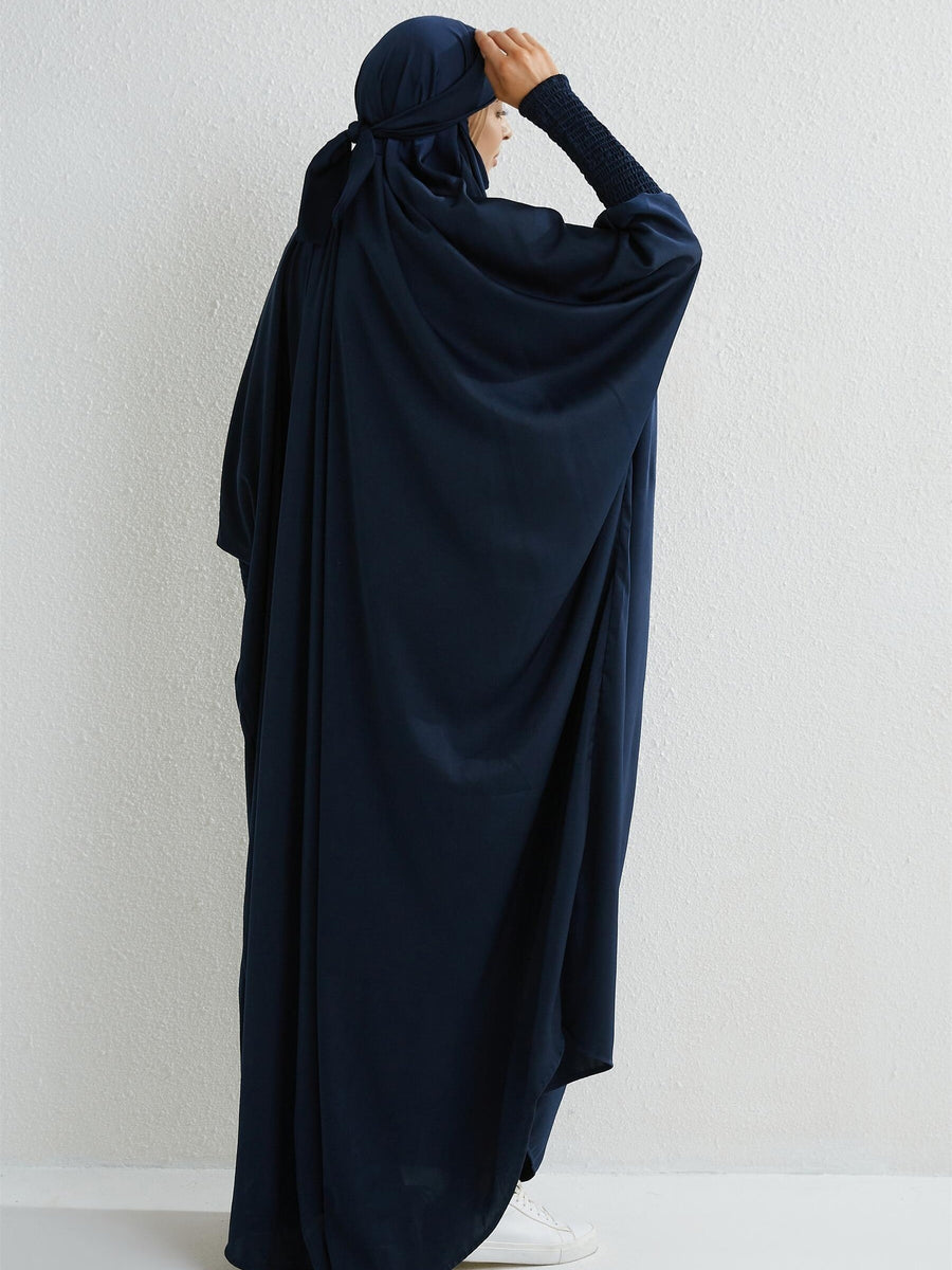 Islamic Attire for Women Featuring a Hooded Jilbab with Smocking Sleeves, Designed for Prayer, Suitable for Modesty in Dubai And Saudi Arabia, Available in Black - Navy Color
