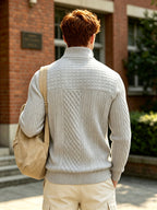 [Josh Mei OBM] Preppy Casual Style Men'S Jacquard Texture Henley Collar Long Sleeve Pullover, Diamond Check Patchwork Design with Ribbed Cuffs And Hem, Stretchy Skin-Friendly Slim Fit Fall Winter Versatile Style - Light Grey