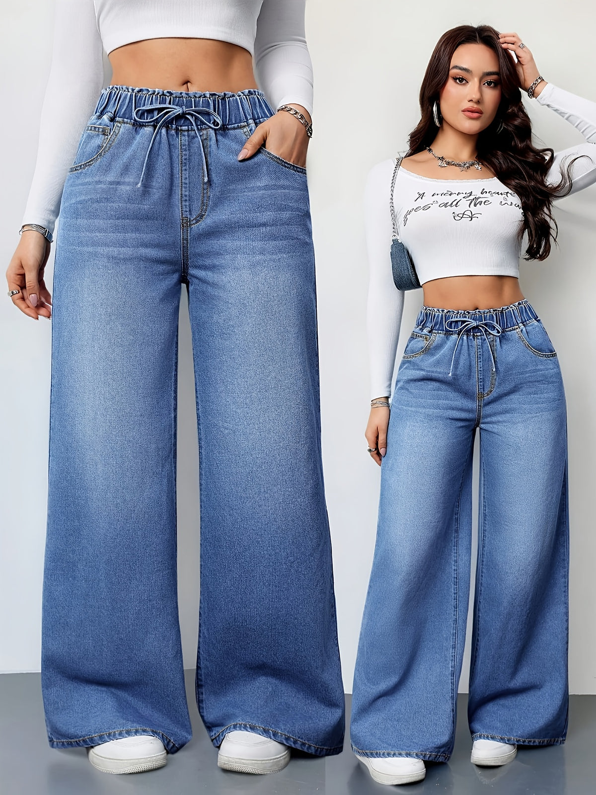 Drawstring Waist Wide Leg Jeans | High Waist, Non-Stretch Fabric, Solid Color, Long Length, Casual Style For Weekend Casual - Vibrant Blue