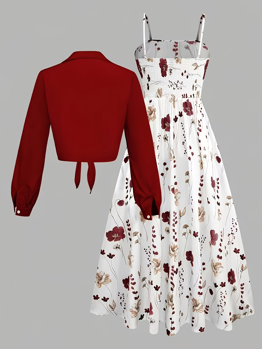 Women Wine Red Tie Front Cropped Collar Shirt + White Base Wine Floral Print Slip Flared Midi Skirt 2pcs Set, Retro Soft Outfit - Burgundy