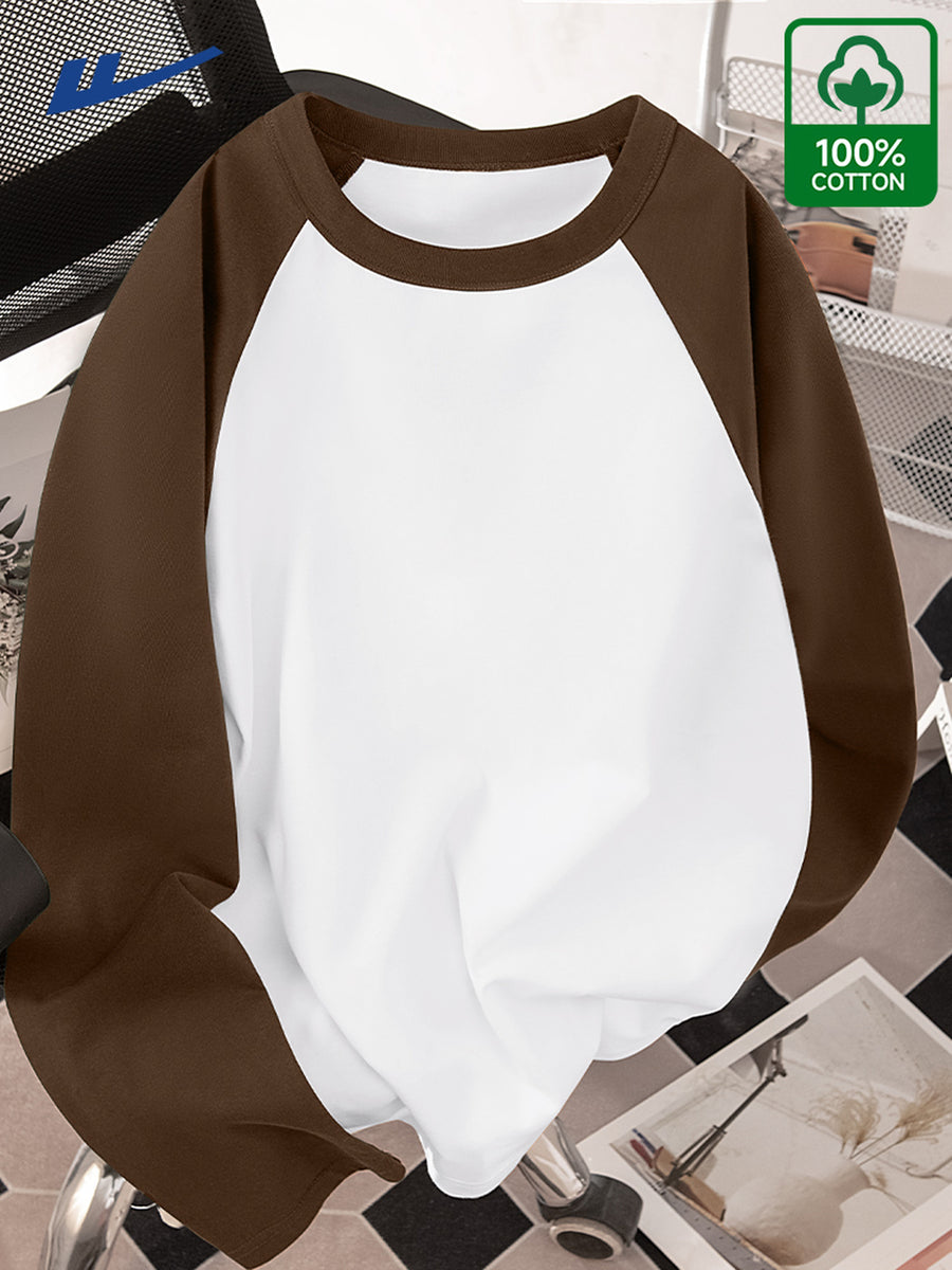 Huairui 100% Pure Color-Block Raglan Long Sleeve T-Shirt for Men, Crew Neck, Color Spliced, Casual, Versatile Base Layer for Spring and Autumn - Coffee Color