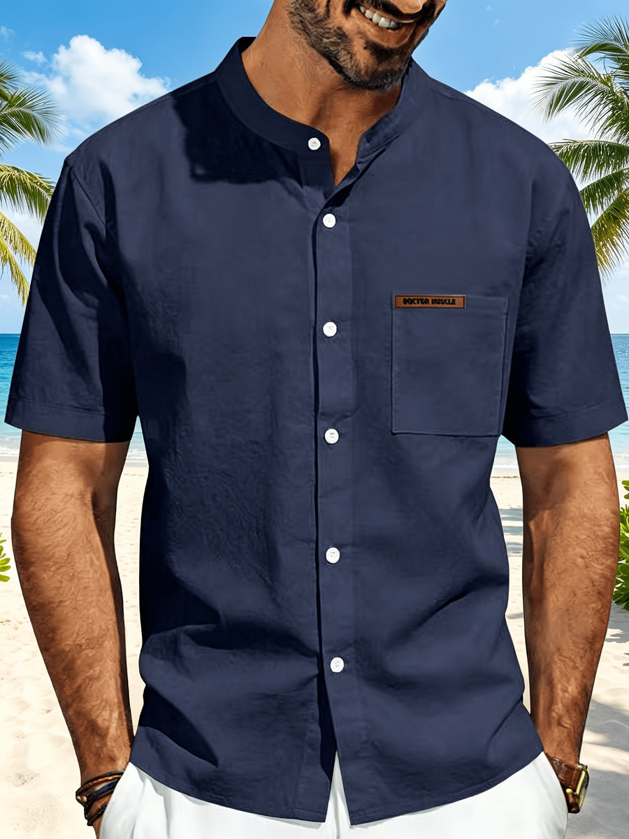 Men's Minimalist Vacation Style Stand Collar Linen Short Sleeve Shirt, 95% Linen 5% Polyester, Breathable with Label Pocket, Fashionable Beachside Pool Casual Shirt - Navy Color