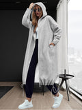 Grey Long Hooded Zip-Up Sweatshirt Coat, Women's Lazy Casual Style for Autumn & Winter, Loose Fit to Hide + Drawstring Design, Versatile and Casual with Great Style - Grey