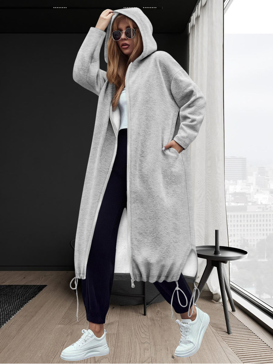 Grey Long Hooded Zip-Up Sweatshirt Coat, Women's Lazy Casual Style for Autumn & Winter, Loose Fit to Hide + Drawstring Design, Versatile and Casual with Great Style - Grey