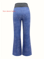 [Printed Pants - Not Faux Denim Fabric]Women'S All-Season Imitation Faux Denim Cross-High Waist Elegant Loose Wide-Leg Pants - Royal Blue