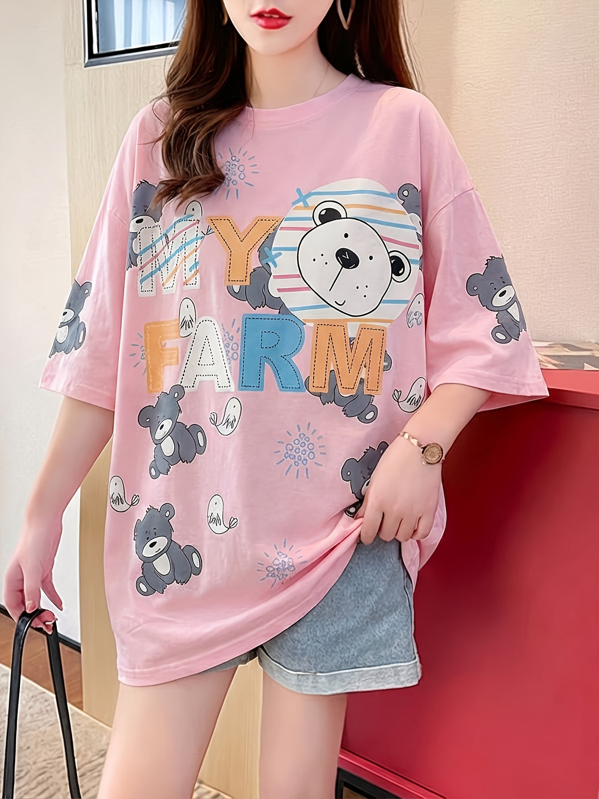 Summer New Large Size Loose Fashion Trend Slim Cartoon Round Neck Print Ladies Women's Medium and Long Short-sleeved T-shirt Clothes - K45-F
