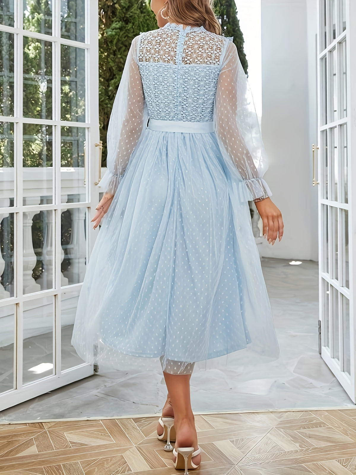 New Elegant Wedding Guest Dress for Women with Mesh Lace Patchwork and Bow Decoration - Light Blue