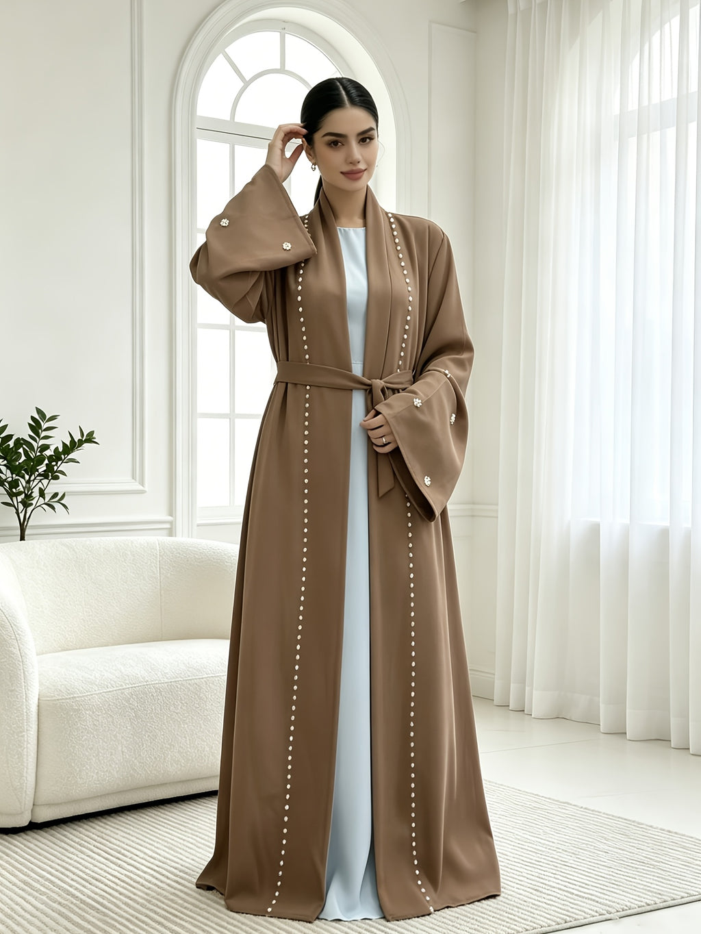 1pc Fashionable, Elegant And Casual, This Pearl-Studded Solid-Colored Abaya Cardigan Is Perfect for Everyday Wear. It Is Loose And Comfortable for Women. Muslim Women Clothes Abayas for Women Muslim Long Frocks for Women Jebba Tunisienne Femme - Khaki