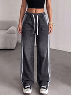 2026 Spring/Autumn New Women'S Jeans, Elastic Waistband with Drawstring, Contrast Color Patchwork Design Side Stripe Casual Style Women'S Jeans - Black