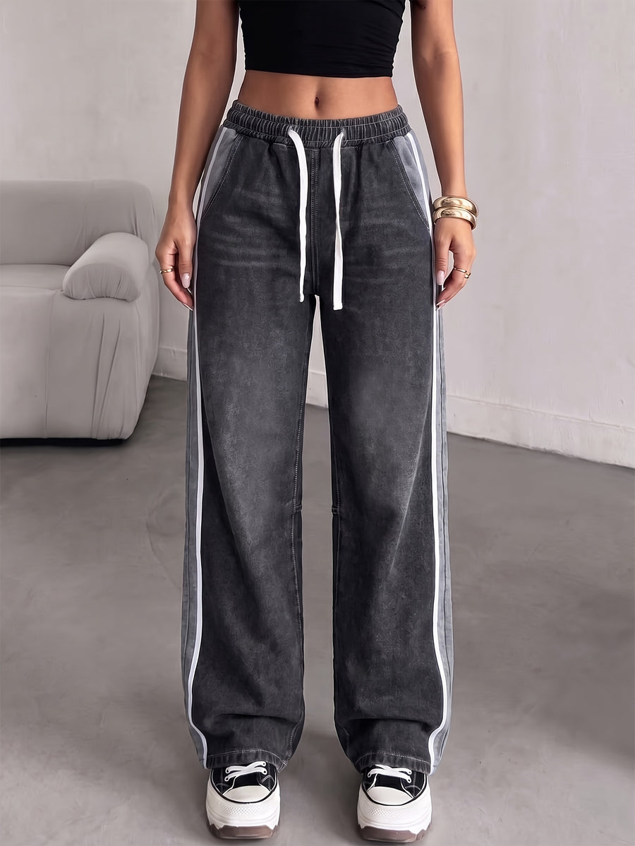 2026 Spring/Autumn New Women'S Jeans, Elastic Waistband with Drawstring, Contrast Color Patchwork Design Side Stripe Casual Style Women'S Jeans - Black