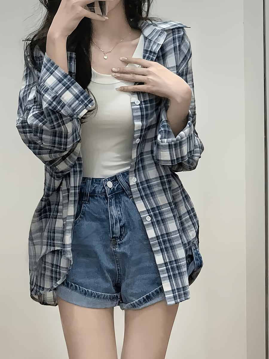 Women'S Shirt Multicolor Brushed Checkered Shirt Loose Top - Sea Blue
