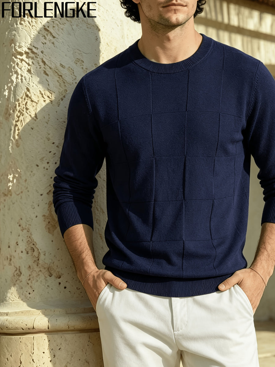 FORLENGKE Men's Casual Commuter-style Checkered Knit Sweater with Checkered Jacquard, Soft and Breathable Knit Fabric, Classic Crew Neck Long-sleeve Pullover Style, Suitable for Various Outfit Occasions, Autumn and Winter Daily Casual Men's Top - Shangqing