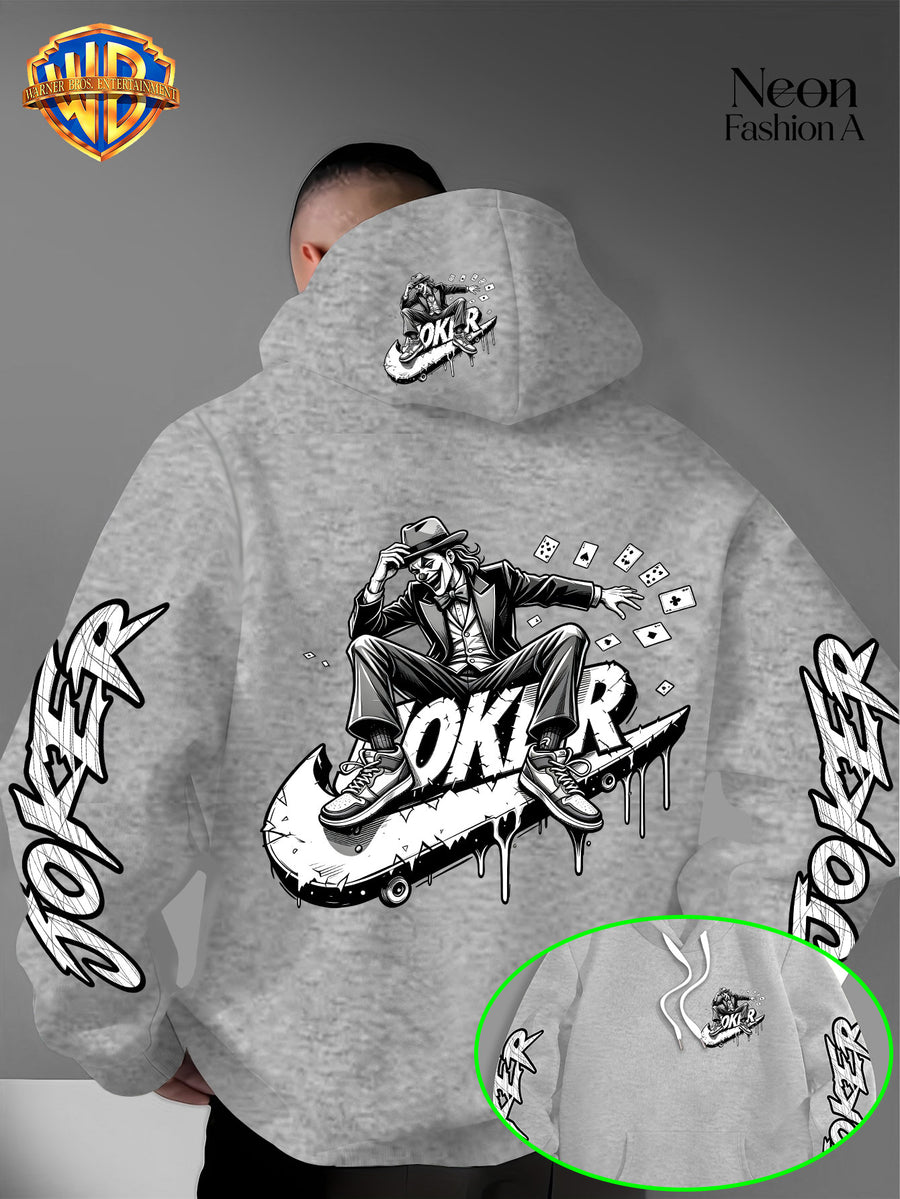 Warner Bros. Official Men'S Autumn Winter Trendy Print Hooded Fleece Sweatshirt, Long Sleeve Pullover Hoodie, Black And White Line Art Skateboard Joker Dripping Graffiti Trendy Print Pattern, Kangaroo Pouch And Drawstring Design - Light Grey