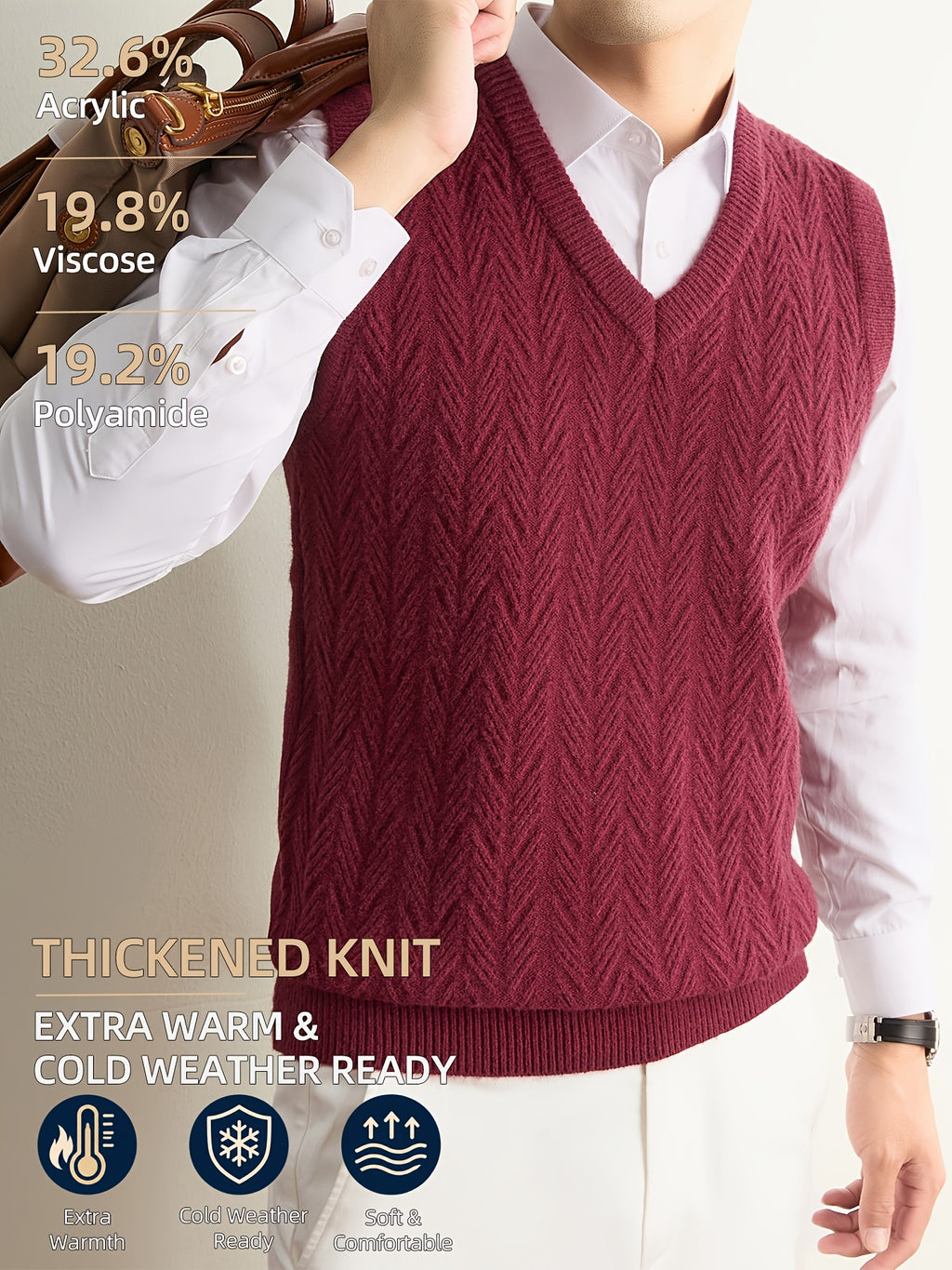 Men's Autumn & Winter Knitted Sweater Vest, Classic V-Neck with Raised Herringbone Texture, Thick & Warm, Timeless Refined Style for Work, Casual Wear, Outdoor Activities & Camping, Ideal Gift for Dad or Husband - Burgundy