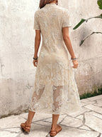 Summer New Arrival Stand Collar Waist Elegant Long Dress, Light Mature Style Mesh Embroidered Dress for Women - Apricot