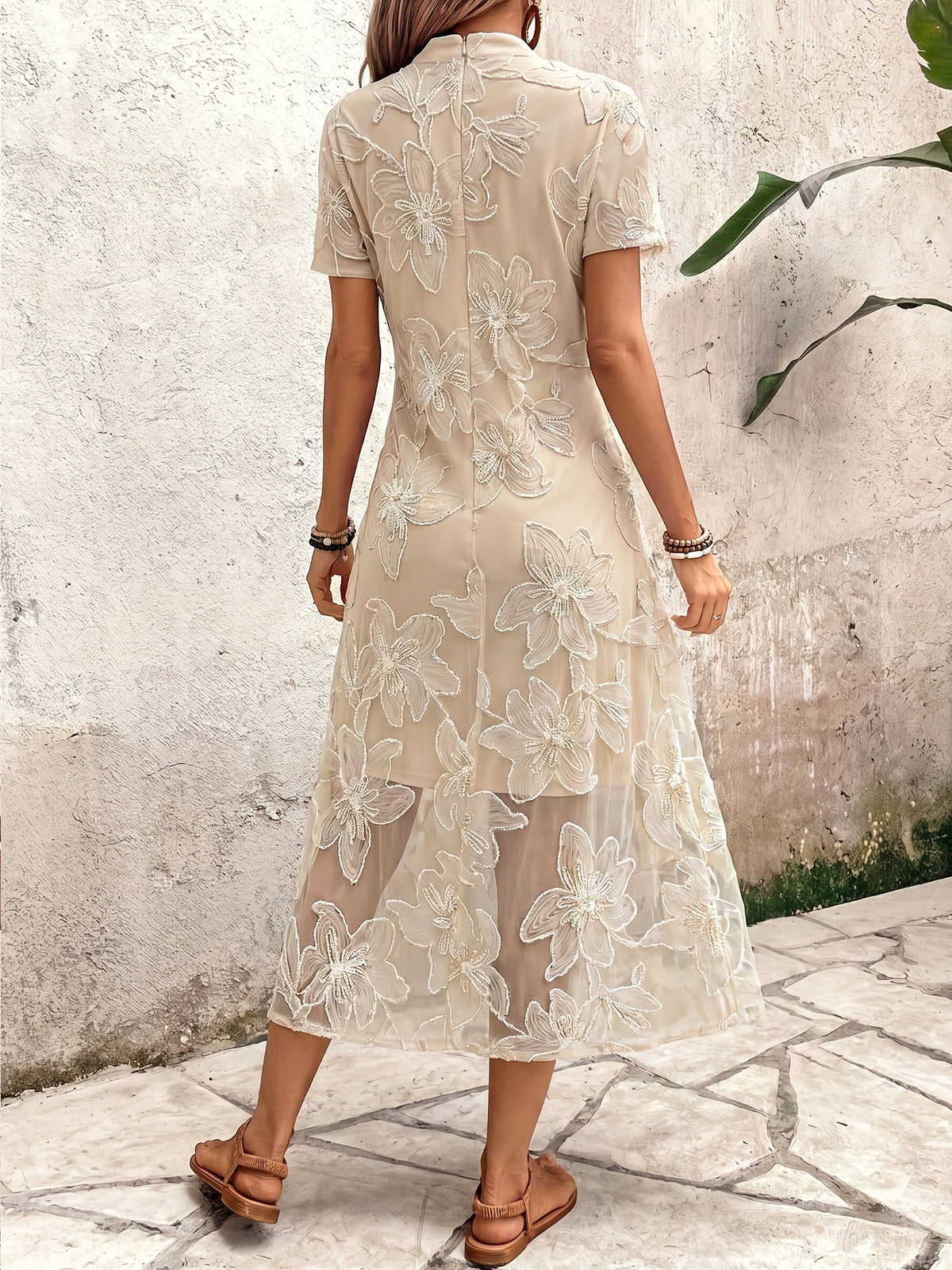 Summer New Arrival Stand Collar Waist Elegant Long Dress, Light Mature Style Mesh Embroidered Dress for Women - Apricot