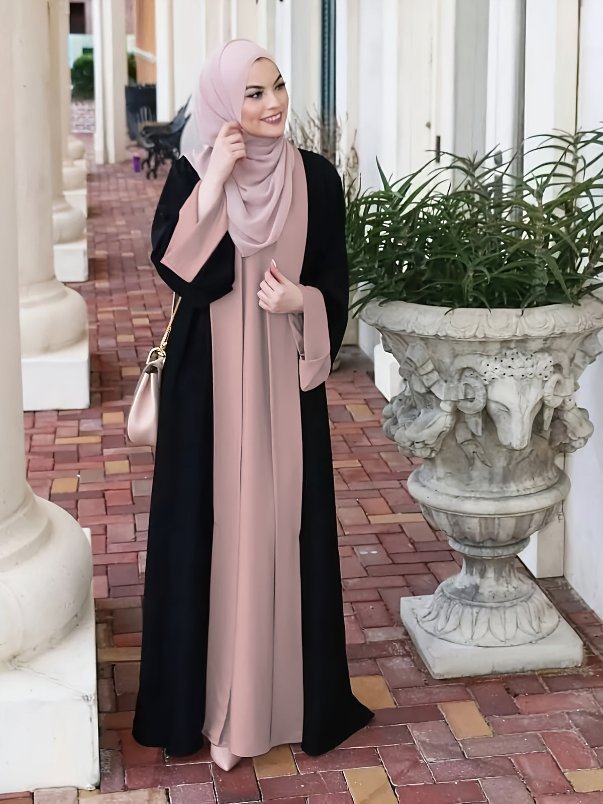 1pc Elegant Muslim Dress with Niche Minimalist Color-Block Design, Fluid and Solid-Paneled, Loose and Unrestrictive, Breathable and Non-Stuffy, Suitable for All Seasons - Pink Color